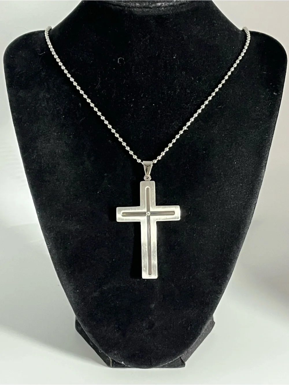 24”,Stainless Steel, Cross Pendant with Single CZ Stone & Bead Necklace